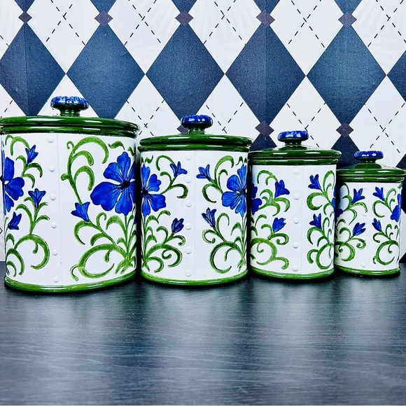 Metlox Poppytrail Blue Floral Canister Set, Green Lids, 4pc Vintage Very Large - Picture 6 of 17